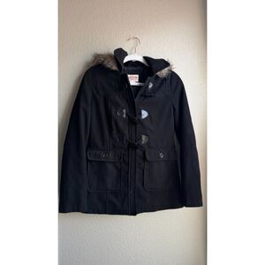Mossimo Supply Co Black Toggle Duffle Coat Womens S Faux Fur Hood 2013